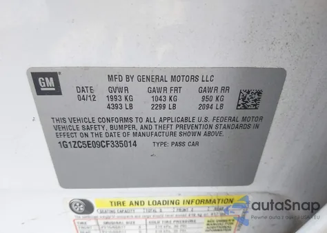 2012 Chevrolet Malibu 1Lt z USA, uszkodzony, nr VIN 1G1ZC5E09CF335014